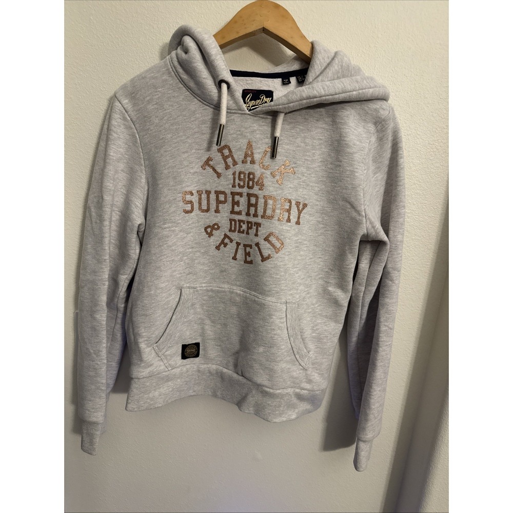 Superdry Women's College Track & Field Hoodie, Grey, Size 6 Rose gold Letters